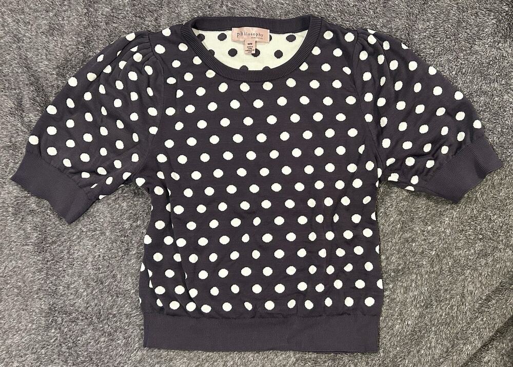Philosophy Navy/White Polka Dot Knit Nylon Puff 3/4 Sleeve Crew Sweater M